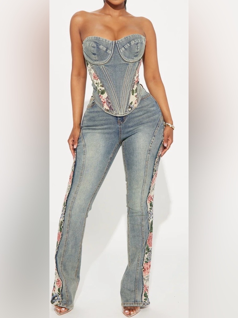Fashion Nova Denim Corset with denim Jeans with Floral Side Panels